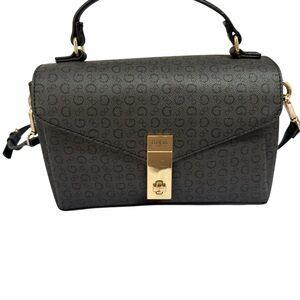 GUESS Bethel Logo Top Handle Flap Crossbody Satchel Coal Gold Hardware Bag